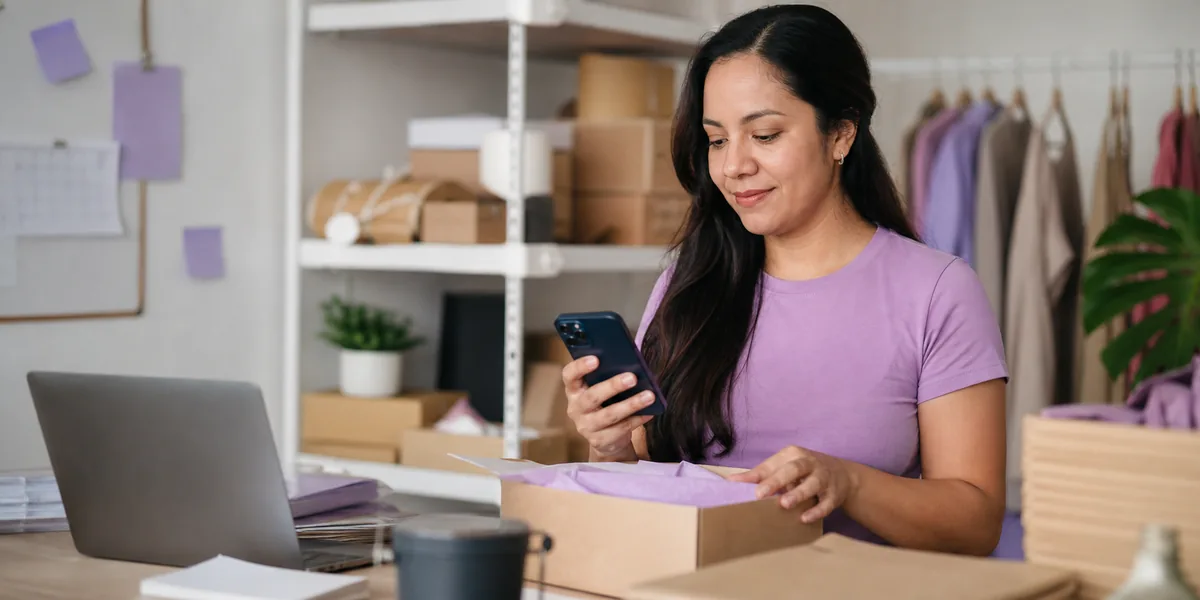Emprendedora de ecommerce preparando un pedido mientras atiende una conversación desde su teléfono
