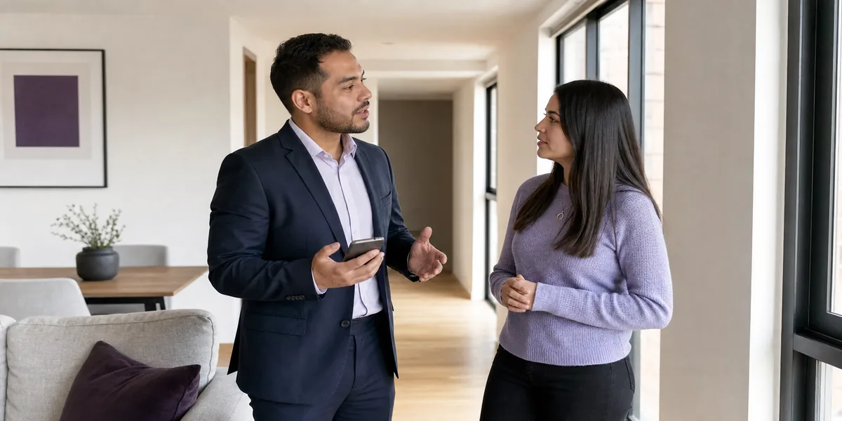 Asesor inmobiliario conversando con una clienta durante la visita a un departamento